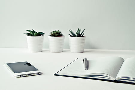 white Android smartphone beside the notebook thumbnail