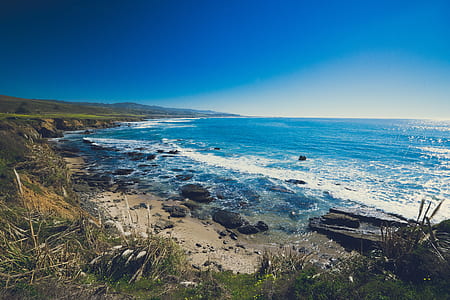 body of water beside green grass fiels thumbnail