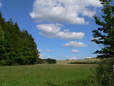 landscape photography of open field under white clouds thumbnail