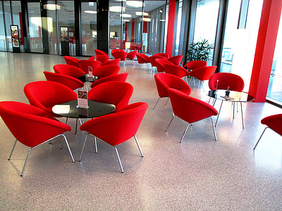 round red and black 5-piece dining set inside building thumbnail