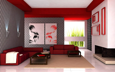 red sectional sofa in front of coffee table on top of brown area rug thumbnail