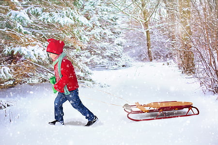child in red long-sleeved winter top pulling brown and red snow sled thumbnail