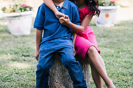 Brother and sister sitting in the garden on a log of tree thumbnail