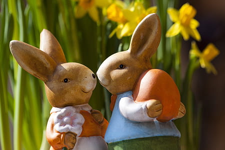 two rabbit figurines near daffodil flower thumbnail