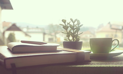 white ceramic teacup beside plant and pile of books thumbnail