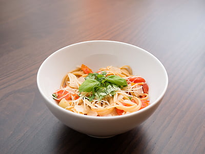 pasta with vegetable on white ceramic bowl; thumbnail