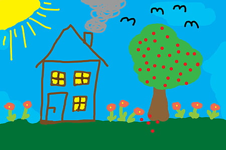 blue house beside green trees drawing thumbnail