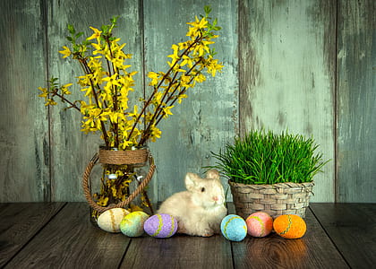 bunny between potted plants and easter eggs decor set thumbnail