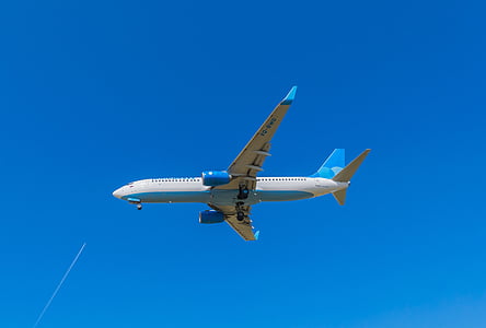 blue and white airplane up in the sky thumbnail