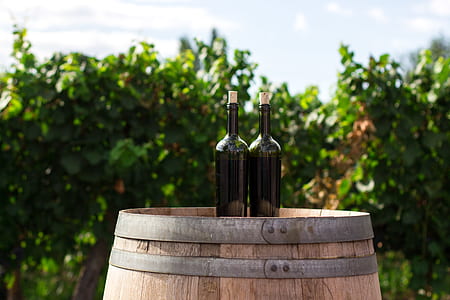 two black wine bottles on wooden barrel thumbnail