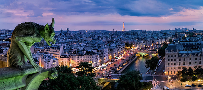 view stone gargoyle statue with city landscape in background during dusk thumbnail