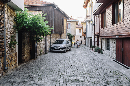 Narrow streets with old houses in the old town Nessebar, Bulgaria thumbnail