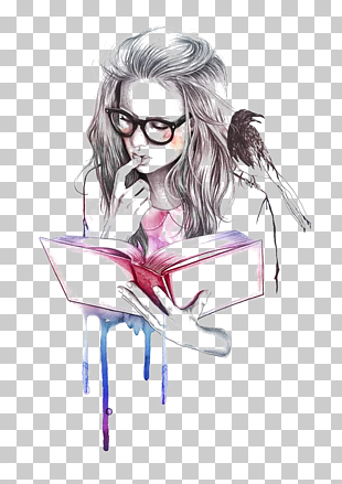Drawing Reading Book Illustrator Illustration, Reading girl, woman reading book artwork PNG clipart