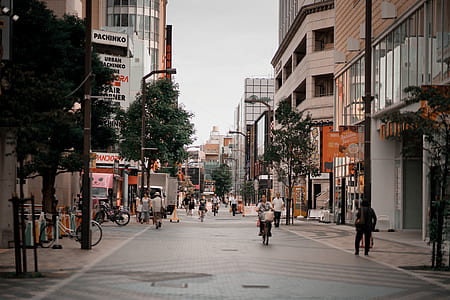 person riding bicycle at gray road in between of buildings thumbnail