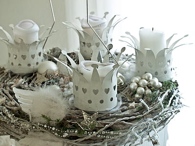 four white crown candle holders on gray nest thumbnail
