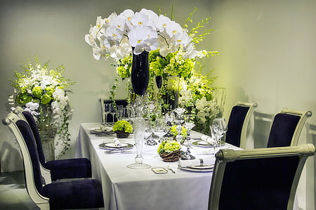 rectangular table with white tablecloth dinner set thumbnail