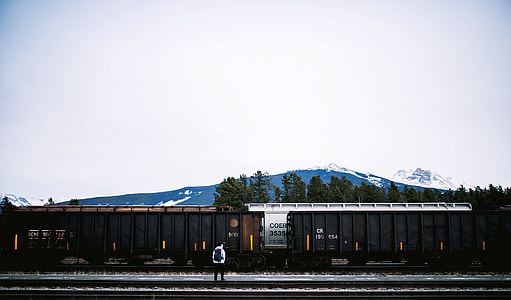 Train across the mountain landscape of Jasper National Park, Alberta, Canada thumbnail