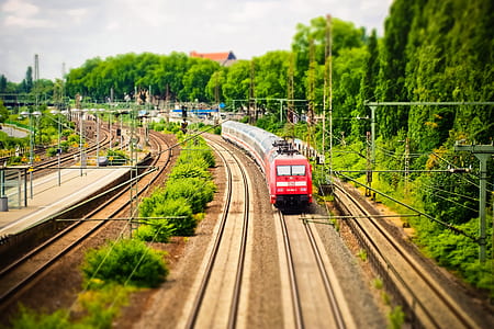 red and gray bus traveling on rail thumbnail