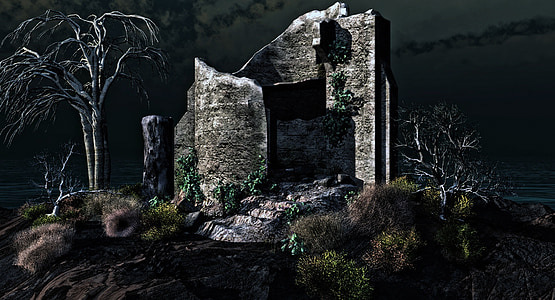 gray ruins with leafless tree during nighttime thumbnail