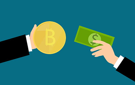 Illustration of hands exchanging Bitcoin cryptocurrency for regular cash money. thumbnail