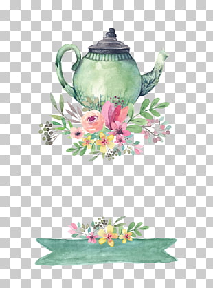 Tea party Wedding invitation Bridal shower, Drawing teapot, green and multicolored teapot with flowers illustration PNG clipart