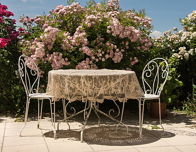 two white metal chairs and table beside pink petaled flowering plant thumbnail