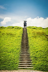 couple under umbrella on stair thumbnail