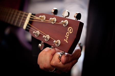 shallow focus photography of brown Cort guitar headstock thumbnail