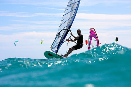 man windsurfing on body of water thumbnail