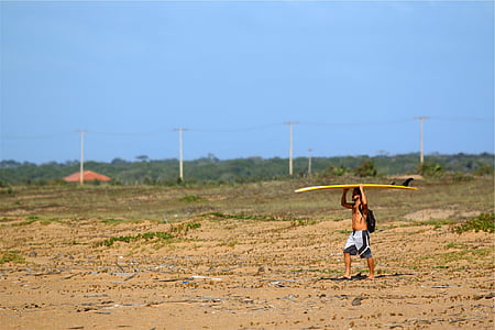 man wearing shorts carrying yellow surfboard on his head while walkding during daytime thumbnail