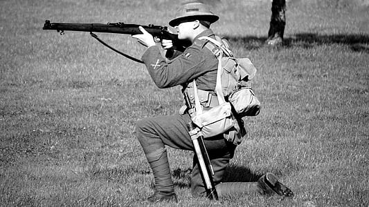 Man in Military Suit Aiming Rifle thumbnail