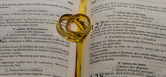 gold-colored wedding ring set on open bible thumbnail