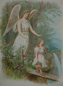 angel behind girl walking on bridge painting thumbnail