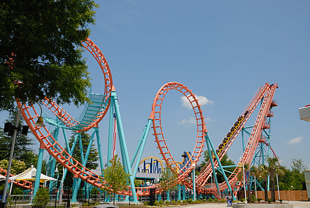 red and teal roller coaster at daytime thumbnail