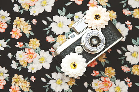 gray and black compact camera on black and white floral cloth thumbnail