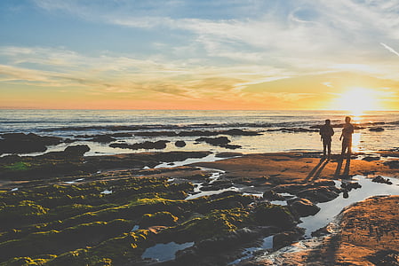 two person on brown sand near body of water thumbnail