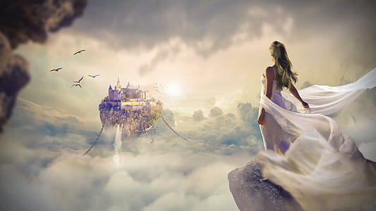 woman wearing white draped dress standing on cliff near clouds and floating castle digital wallpaper thumbnail