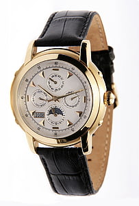 round silver-colored chronograph watch with black leather straps thumbnail
