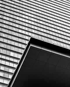 low-angle and grayscale photography of curtain wall building thumbnail