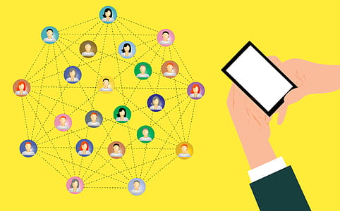 Illustration of user with mobile device sharing content on social network thumbnail