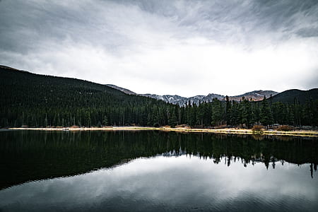 white sky recflecting on glassy lake near green leaf trees panoramic photography thumbnail