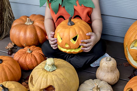 Person Holding Orange and Yellow Jack-o'-lantern thumbnail