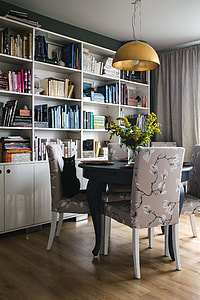Modern dining room with blue table thumbnail