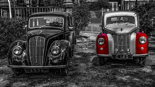 two classic vehicles selective color photography thumbnail