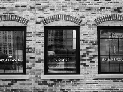 grayscale photography of Burgers-printed window thumbnail