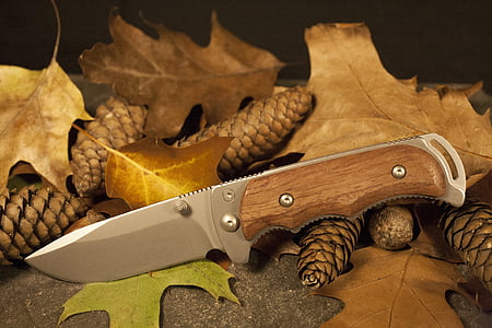 closeup photo of brown hunting knife with leaves thumbnail