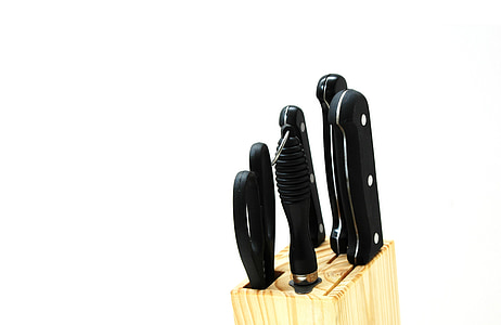 black handle knife set in beige knife block thumbnail