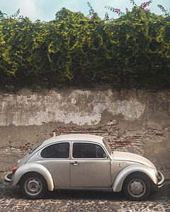silver Volkswagen Bettle parked near wall thumbnail