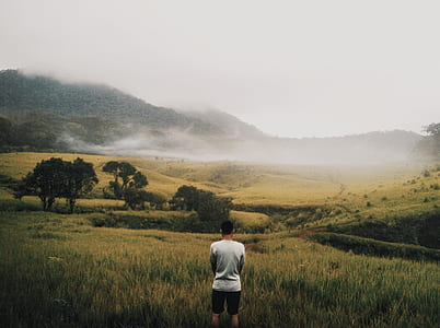 man in white shirt standing in the middle of green field thumbnail