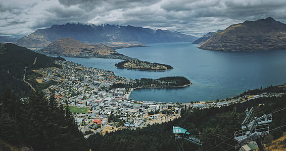 aerial view of town beside the shore thumbnail